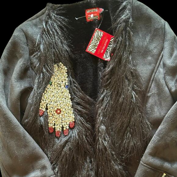 Simon Chang Black Faux Fur Coat Rhinestone Glove Embellishment Faux Fur Size 10 - Picture 11 of 11